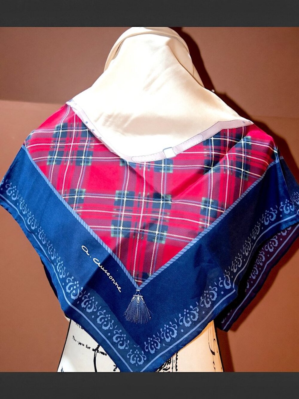 Vintage A. Cuissonne Signed Silk Scarf Tartan Equestrian Hand Rolled 30" Scarf